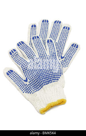 Baumwoll-Handschuhe mit blauem Kautschuk Nieten auf weißem Hintergrund Stockfoto
