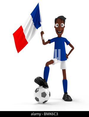 Lächelnde Cartoon Stil Fußballspieler mit Ball und Frankreich Flagge Stockfoto