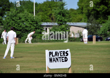 Dorfgrünes, wetteiferndes Amatuer-Kricket-Spiel im Sommer läuft und Werbeschild für Spieler gesucht Navestock Brentwood Essex England UK Stockfoto