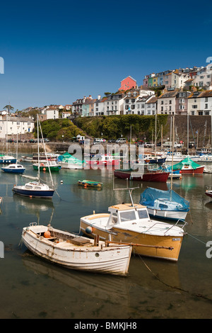 Großbritannien, England, Devon, Brixham Freizeitboote vertäut im Hafen unterhalb attraktive Strandpromenade Häuser Stockfoto