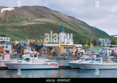 Segelschiffe im Hafen von Husavik, Island Stockfoto