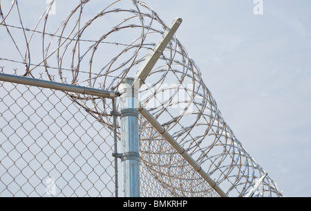 Florida - Februar 2009 - Edelstahl Stacheldraht Spiralen über Maschendrahtzaun an Justizvollzugsanstalt in Zentral-Florida Stockfoto