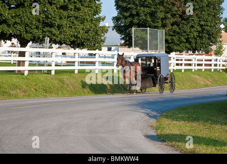 Lancaster County, PA - Sept 2009 - Amish Familie Reisen vorbei an Bauernhaus in Pferd gezeichneten Buggy im Lancaster County Pennsylvania Stockfoto