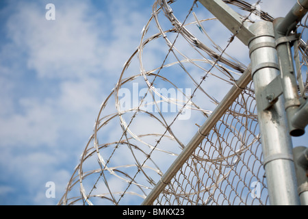 Florida - Februar 2009 - Edelstahl Stacheldraht Spiralen über Maschendrahtzaun an Justizvollzugsanstalt in Zentral-Florida Stockfoto