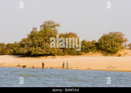 Mali, Niafunke. Menschen, die Wäsche an den Ufern des Flusses Niger zwischen Niafunke & Kabara Stockfoto