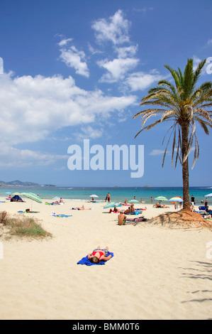 Strandblick, Platja d ' en Bossa, Playa d ' en Bossa, Ibiza, Balearen, Spanien Stockfoto