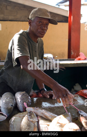 Mann, Verkauf von Fischen in Victoria Market. Stockfoto