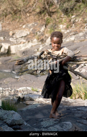 Coffee Bay, Transkye, Wild Coast, Südafrika. Ein lokaler Kind Holz zu sammeln. Stockfoto