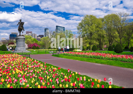 Tulpen und George Washington-Statue an der Boston Public Garden, Boston, Massachusetts Stockfoto