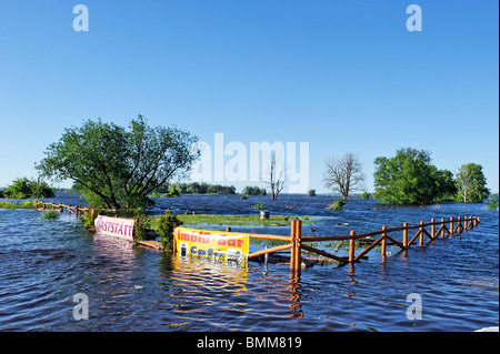 Überfluteten Snack-Bar am Fluss Oder, Oder-Flut im Jahr 2010 Krajnik Dolny, Woiwodschaft West-Pommern, Polen, Europa Stockfoto