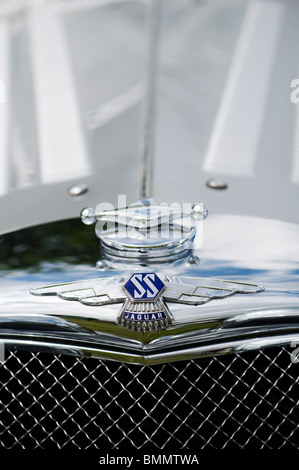 Jaguar SS 100. Classic vintage British Car Emblem und Kühlerdeckel. Großbritannien Stockfoto