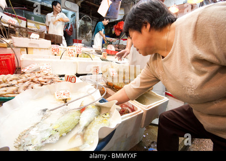 Fische und Meeresfrüchte auf dem Display im Shop im Fischmarkt in Hong Kong Stockfoto