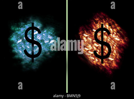 Dollar-Symbol auf Feuer und Eis-cloud Stockfoto