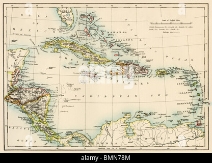 Karte von den Westindischen Inseln und in der Karibik, 1800. Farblithographie