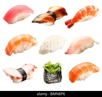 Japanisches Sushi isoliert auf weißem Hintergrund Stockfoto