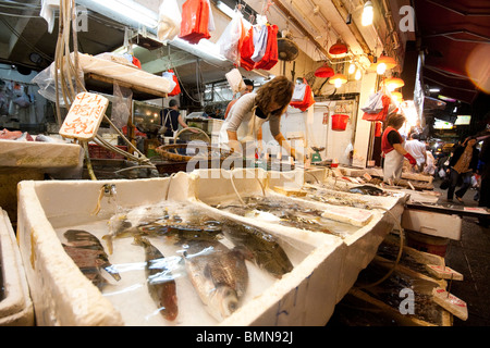 Fische und Meeresfrüchte auf dem Display im Shop im Fischmarkt in Hong Kong Stockfoto