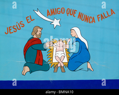 Eine bunte Wandgemälde lesen "Jesus, der Freund, der nie versagt" an der Wand einer Schule in Mancora in Nord-Peru Stockfoto