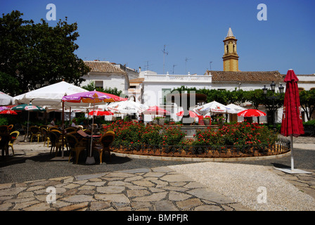 Brunnen und Bürgersteig Cafés in der Plaza Las Flores, Estepona, Costa del Sol, Provinz Malaga, Andalusien, Spanien, Europa. Stockfoto