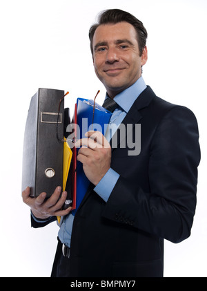 Mann Geschäftsmann hält Dateien sicher arrogant isoliert Studio auf weißem Hintergrund Stockfoto