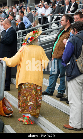 Alte Dame auf dem Ascot Racecourse in der Menge, Rennen Stockfoto