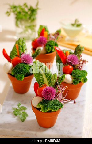 Töpfe mit Salat. Rezept zur Verfügung. Stockfoto