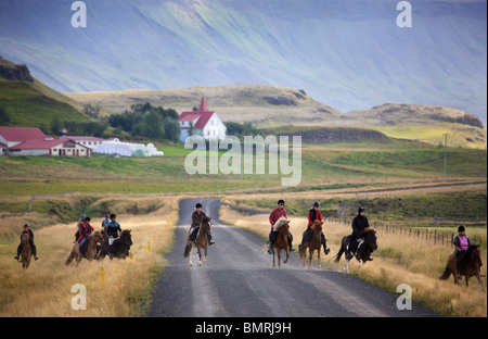 Reiten im Süden Islands. Reiten durch das Ackerland von Hrunamannahreppur. Stockfoto