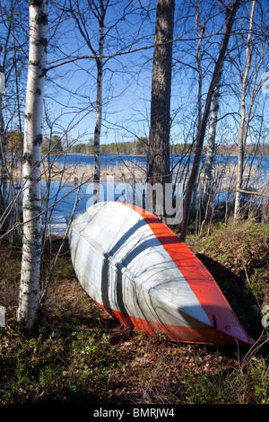 Aluminium Ruderboot / Schiff / Beiboot oben am Seeufer, Finnland Stockfoto