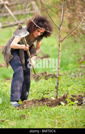 Junge rothaarige Dame arbeitet mit einer Hacke auf dem Lande Stockfoto