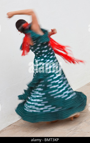 Verschwommen slow-Shutter Geschwindigkeit Bewegungsaufnahme des traditionellen spanischen Flamenco-Tänzerin Frau Spinnen & tanzen in grün gepunkteten Kleid Stockfoto