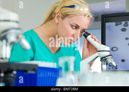 Eine schöne medizinische oder wissenschaftliche Forscher oder Frau Ärztin mit ihrem Mikroskop im Labor Stockfoto