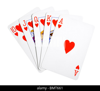 Offene Hand zeigt Royal Flush Poker Spielkarten Stockfoto