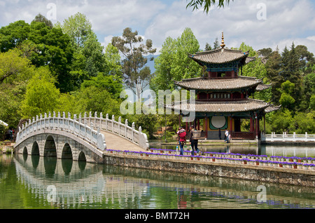Mond umarmen Pavillon und Brücke Black Dragon Pool Park Lijiang Yunnan China Stockfoto