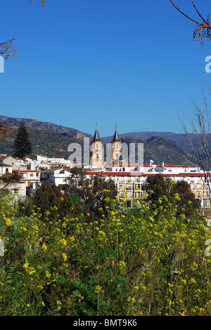 Blick auf die Stadt und Kirche, Orgiva, Las Alpujarras, Provinz Granada, Andalusien, Südspanien, Westeuropa. Stockfoto