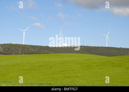 Blick über Weizenfelder, Windkraftwerke auf dem Horizont, in der Nähe von Cuenca Provinz, Huete, Kastilien-La Mancha, Spanien Stockfoto