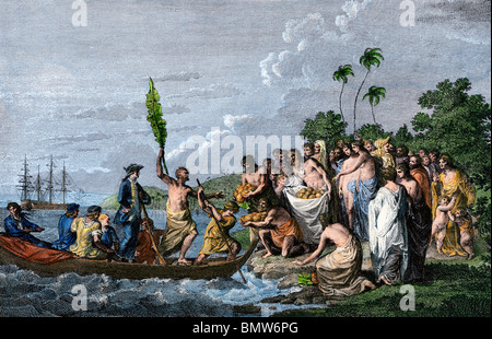 James Cook Landung in der freundlichen Inseln von Tonga einheimische Früchte begrüßt, 1770. Hand - farbige Holzschnitt Stockfoto