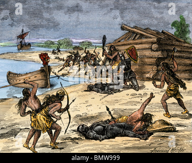 Viking Expeditionsleiter Thorwald tödlich von Eingeborenen an der Küste von Kanada verwundet, 1002 AD. Hand - farbige Holzschnitt Stockfoto