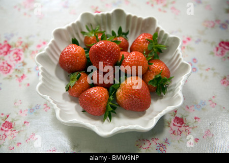 Auf der Suche nach unten Schüssel Erdbeeren floral Tischdecke Stockfoto