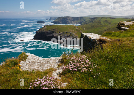 Tintagel Haven und Barras Nase von Tintagel Castle, Cornwall, England Stockfoto