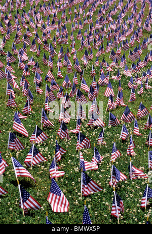 Das Feld der amerikanischen Flaggen würdigt den Zweiten Weltkrieg. Patriotische militärische Erinnerung am Memorial Day, Nationalfeiertag in den Vereinigten Staaten von Amerika Stockfoto