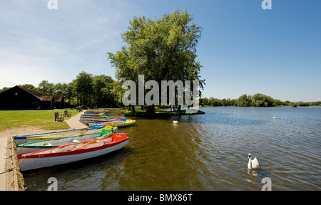 Farbenfrohe Ruderboote auf Thorpeness Meare in Suffolk, Großbritannien Stockfoto