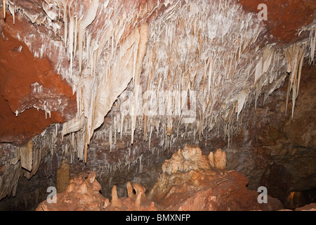 Stalaktiten, Stalagmiten, Strohhalme und Drapierung Ngilgi Cave, eine Kalkstein Karst Höhlensystem in der Nähe von Yallingup, Western Australia Stockfoto