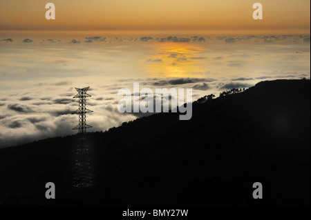 Strommast über Tal bei Sonnenuntergang, Lomba Das Torres, Insel Madeira, Portugal Stockfoto