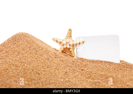 Ein Blick auf ein Seestern und eine weiße leere Karte Stockfoto