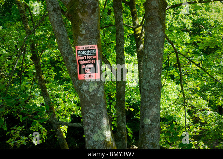 Schild am Baum - Autofahrer, lassen keine Wertsachen im Auto - Nationalpark Lake District, Cumbria, England UK Stockfoto