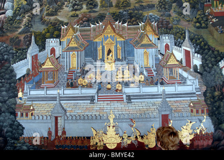 Detail der Wandgemälde der Ramakian Geschichte im Grand Palace der thailändischen Königsfamilie in Bangkok, Thailand Stockfoto