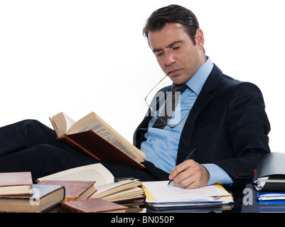 Mann kaukasischen Lehrer Professor Historiker isoliert Studio auf weißem Hintergrund Stockfoto