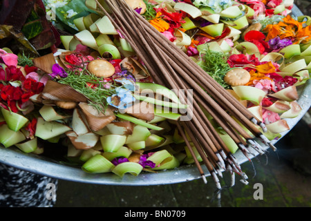 Canang Sari sind Körbe gefüllt mit Reis und Blumen und Opfergaben, die Balinesen vor ihre Haustür, ihre Götter Dail platzieren Stockfoto