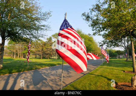 Amerikanische Flaggen wehen im Wind-Futter-Straße auf dem Nationalfriedhof in Bourne, Cape Cod, Massachusetts am Memorial Day USA Stockfoto