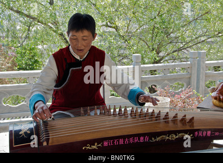 Frau spielt Guzheng oder Zheng oder auch bekannt als Schoß Harfe Shiguzhen Yunnan China Stockfoto