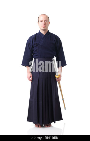 Porträt eines Kendo Kämpfer mit Shinai Stockfoto